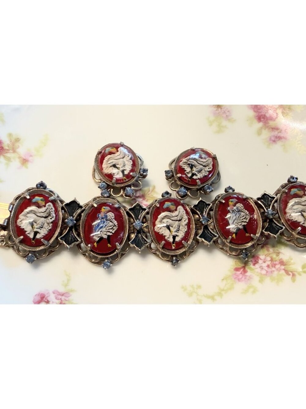 1940's Bracelet Earring Set Reverse painted Glass French Risque Can Can Dancers